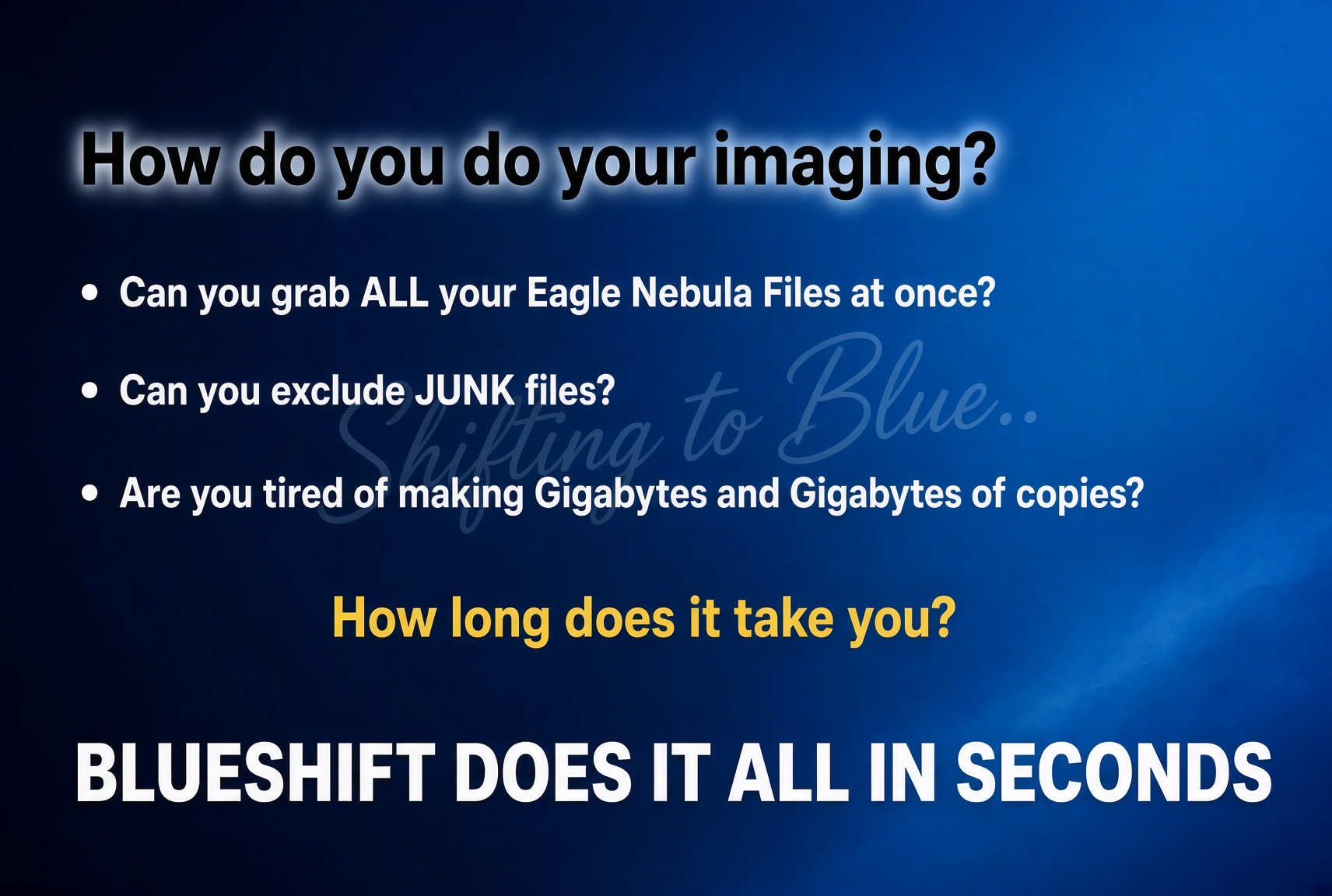How do you do your imaging? Blueshift does it all in seconds.